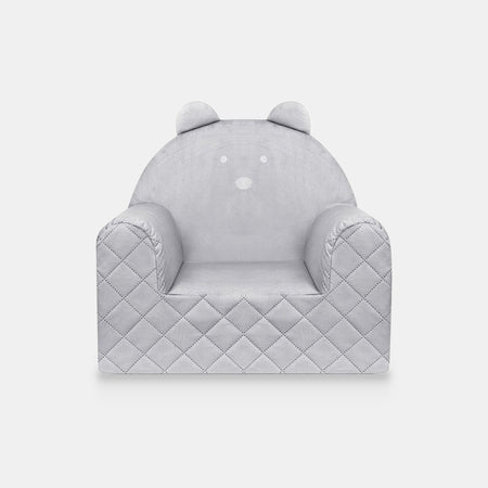 Poltroncina per bambini a forma di orso in velluto Grigio chiaro, vista frontale su sfondo chiaro