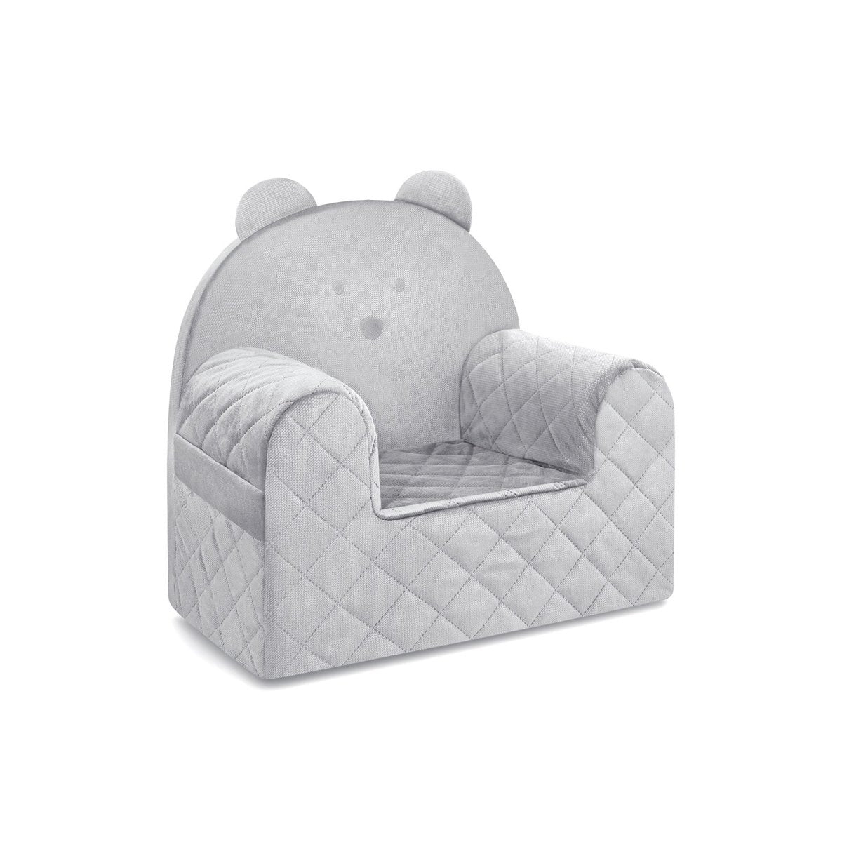 Poltroncina per bambini a forma di orso in velluto Grigio chiaro, vista di tre quarti con braccioli e schienale trapuntato