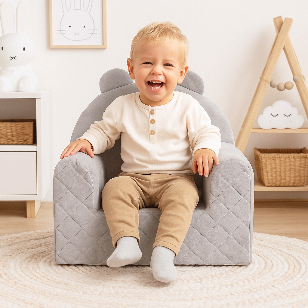 Poltroncina per bambini a forma di orso in velluto Grigio chiaro, poltroncina in velluto con orecchie d'orso e braccioli