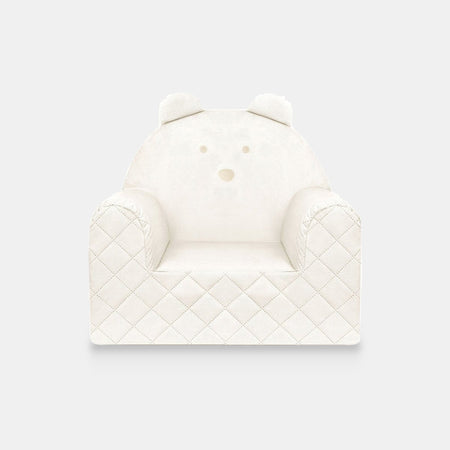 Poltroncina per bambini a forma di orso in velluto Beige, vista frontale su sfondo chiaro