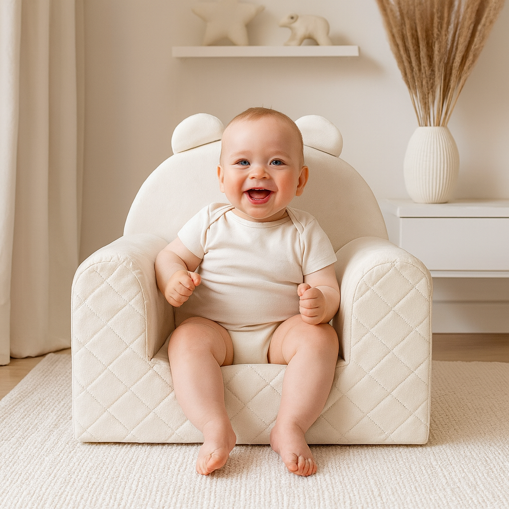 Kindersessel Bärenform Naturfarben, mit Kind im hellen Kinderzimmer