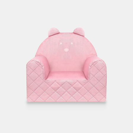 Poltroncina per bambini a forma di orso in velluto Rosa, vista frontale su sfondo chiaro