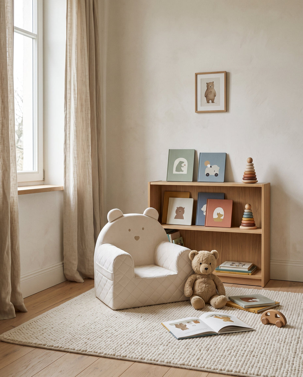 Poltroncina a forma di orso in velluto beige su un tappeto di lana in cameretta