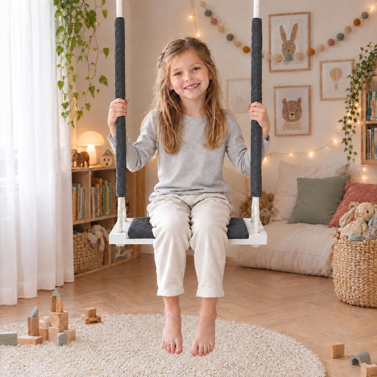 Altalena in legno impermeabile Grigio scuro, con un bambino di 5 anni in una cameretta luminosa