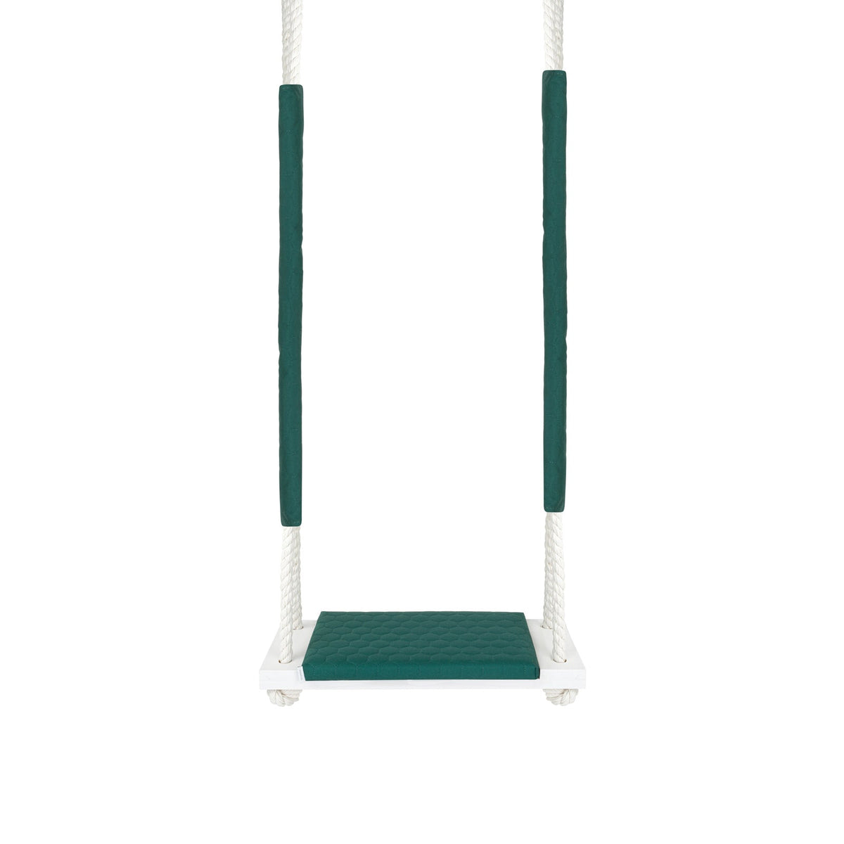 Balançoire bois extérieur imperméable enfant vert foncé - Jardin, vue de face avec planche en bois et coussin imperméable
