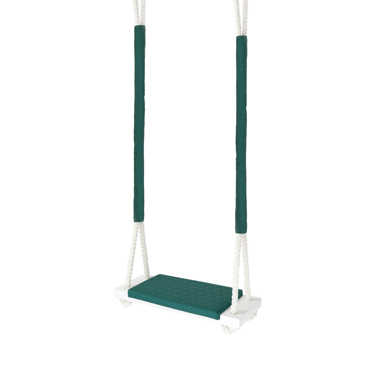 Balançoire bois extérieur imperméable enfant vert foncé - Jardin, vue de trois quarts avec cordes gainées de tissu et