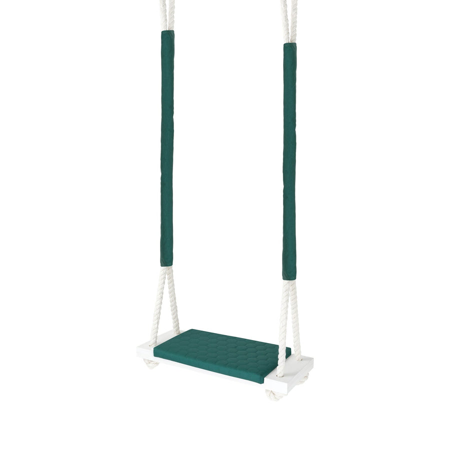 Balançoire bois extérieur imperméable enfant vert foncé - Jardin, vue de trois quarts avec cordes gainées de tissu et
