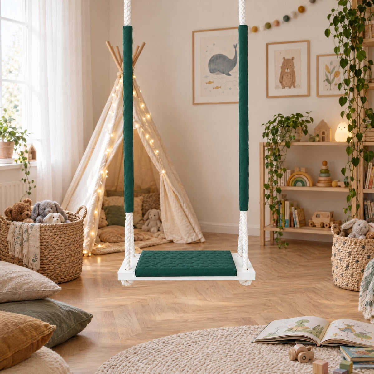 Balançoire bois extérieur imperméable enfant vert foncé - Jardin, suspendue dans une chambre d'enfant lumineuse