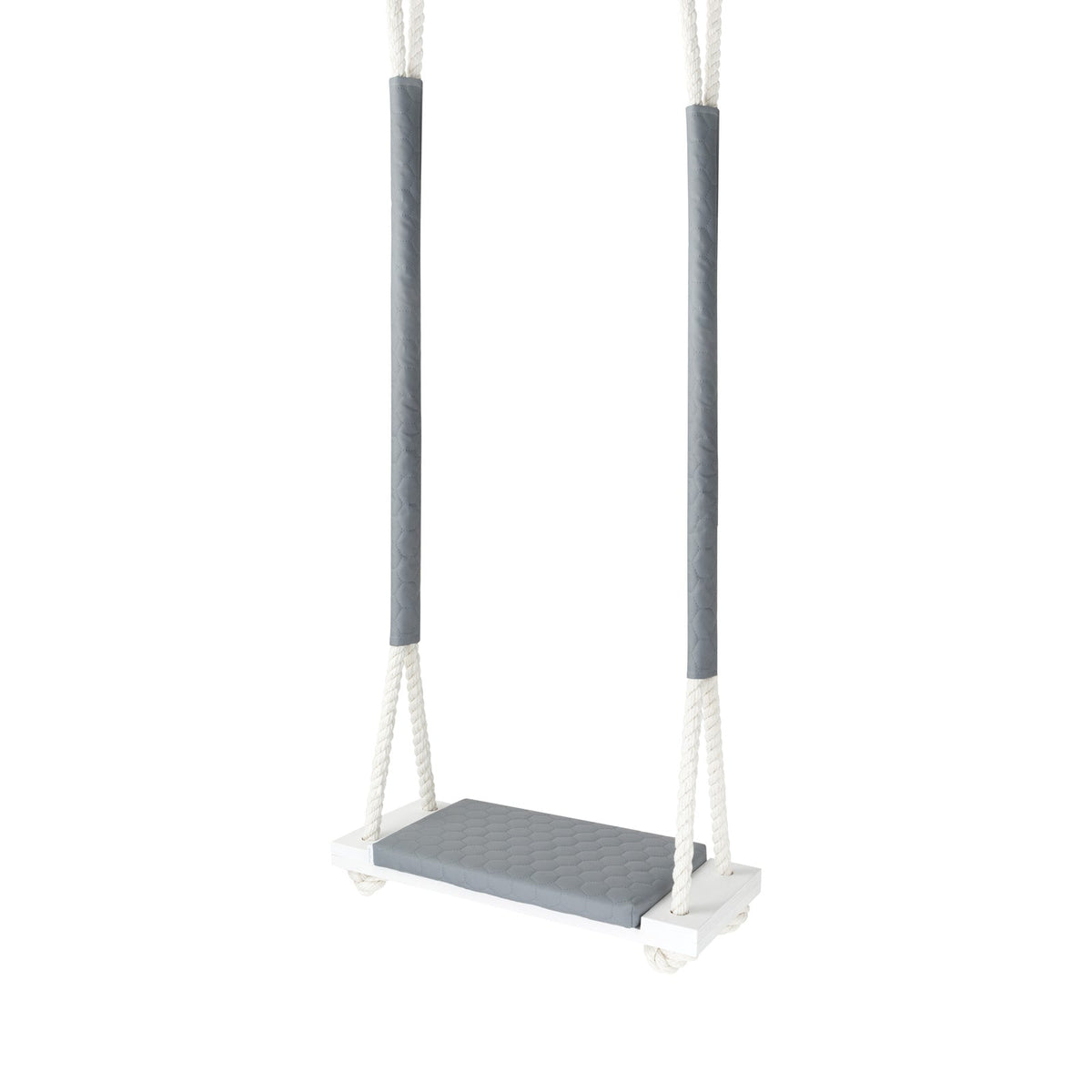 Balançoire bois extérieur imperméable enfant gris clair - Jardin, vue de trois quarts avec cordes gainées de tissu et