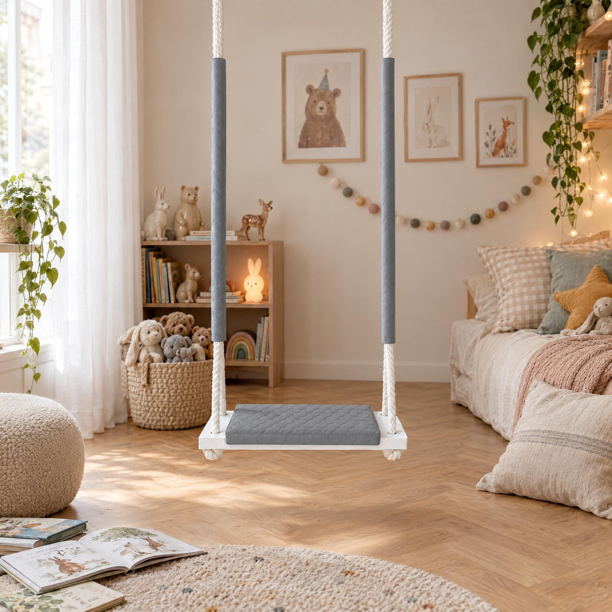 Balançoire bois extérieur imperméable enfant gris clair - Jardin, suspendue dans une chambre d'enfant lumineuse
