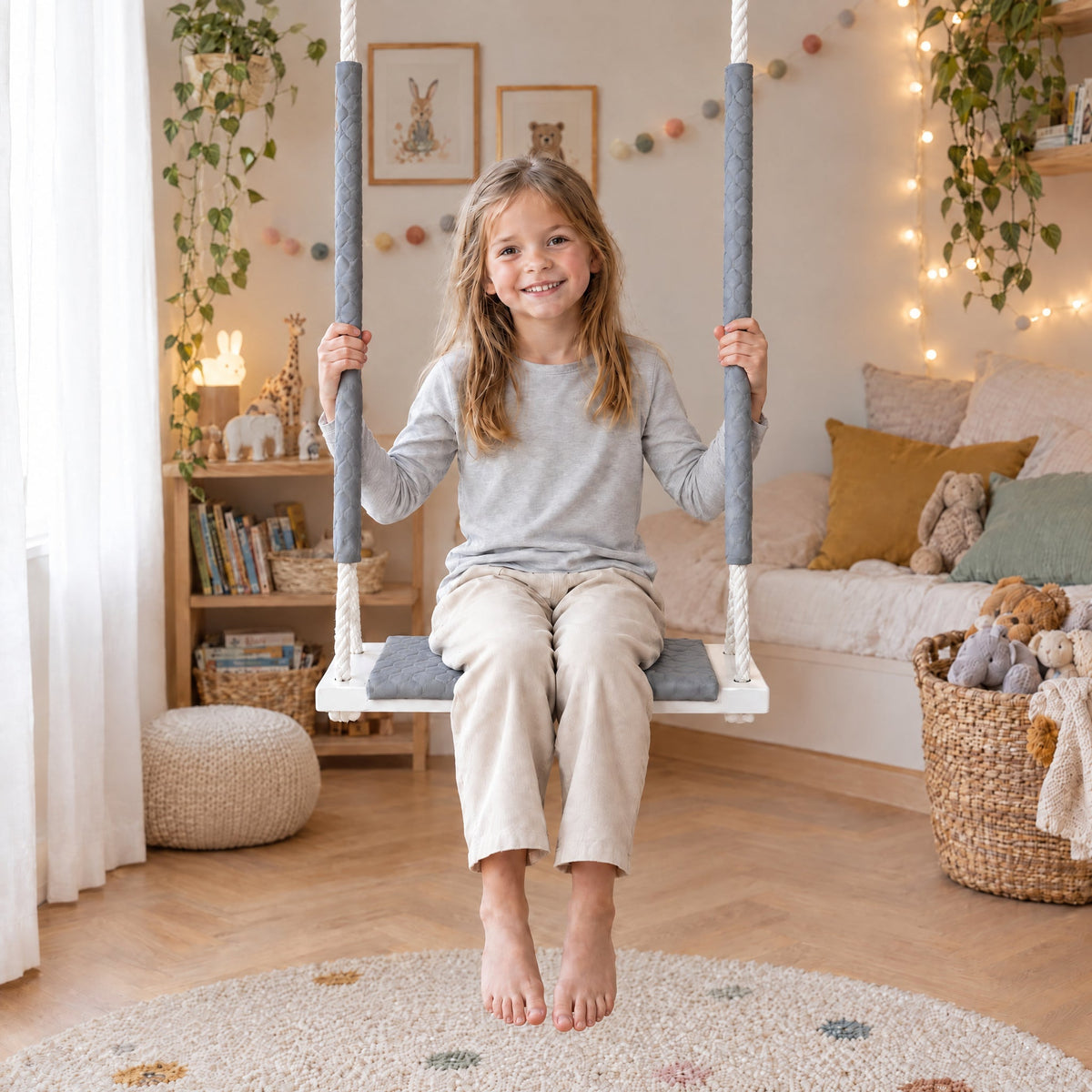 Balançoire bois extérieur imperméable enfant gris clair - Jardin, avec un enfant de 5 ans dans une chambre d'enfant lumineuse