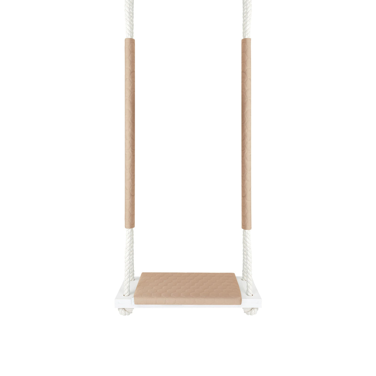 Altalena in legno impermeabile Beige, vista frontale con tavola in legno e cuscino impermeabile