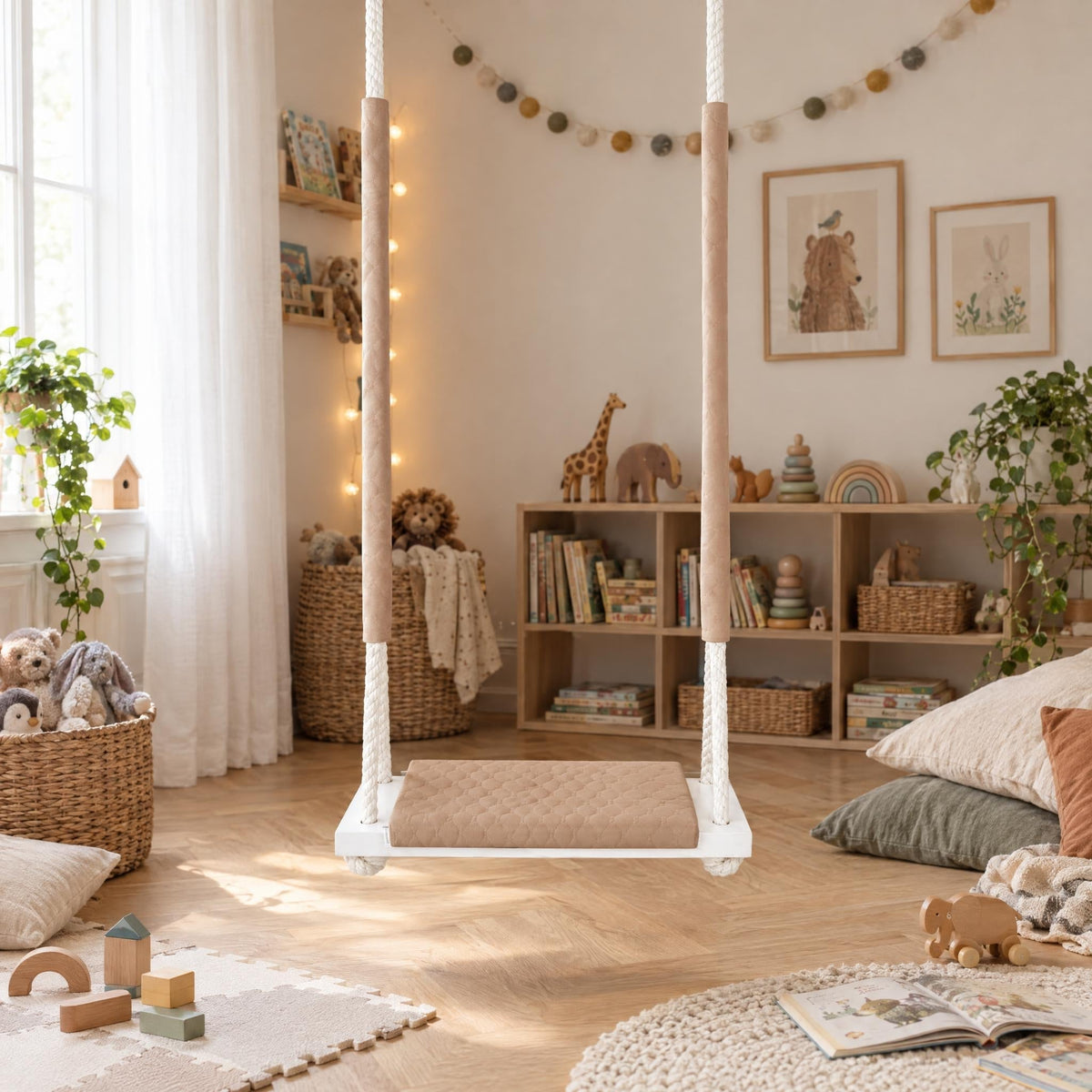 Altalena in legno impermeabile Beige, appesa in una cameretta luminosa